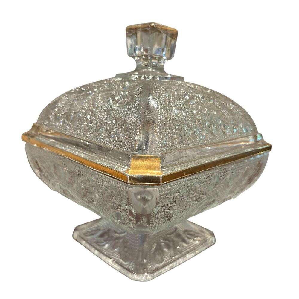 Jeannette Glass Acorn Oak Leaf Footed Clear Glass Gold Trim Candy Dish With Lid